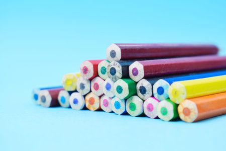 Colorful flat lay background with craft supplies School color pencils back to school (61)