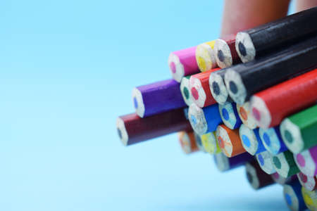 Colorful flat lay background with craft supplies School color pencils back to schoolの写真素材