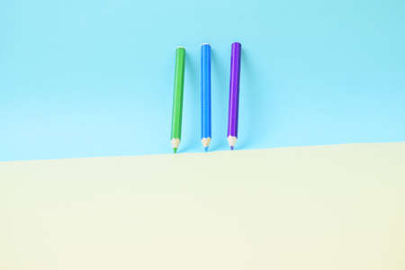 Colorful flat lay background with craft supplies School color pencils back to school (61)の写真素材