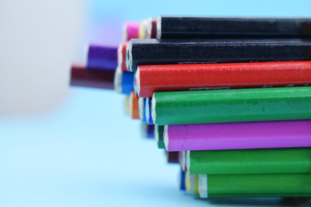 Colorful flat lay background with craft supplies School color pencils back to school