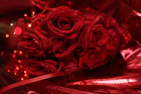 Red roses Valentines Day background. Flowers composition