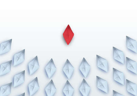 Leadership concept with red paper ship leading among group of white ships on white backgroundの写真素材