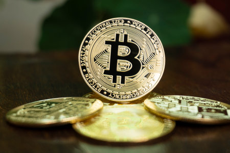 Bitcoin BTC Cryptocurrency Coins. Stock Market Concept