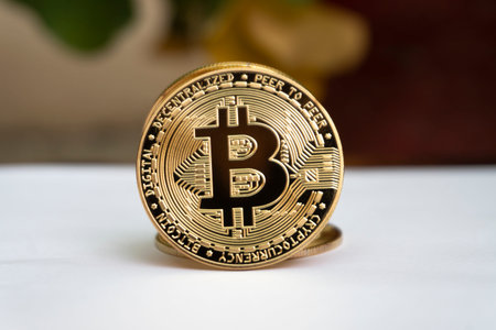 Close up golden coin with bitcoin symbol isolated on white backgroundの写真素材