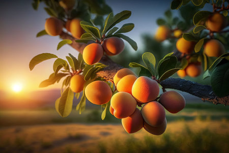 Plum tree with ripe fruits on the sunset background. Soft focusの素材