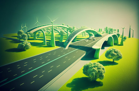 blueprints of a modern green sustainable highway with green paintの素材