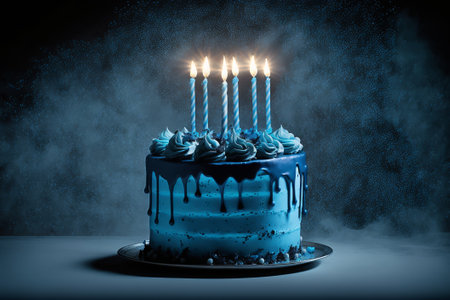 birthday cake in blue with lit candles on light grayの素材