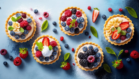 Berry tartlets or cake with cream cheese top viewの素材