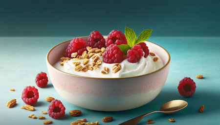 Bowl with greek yogurt, raspberries and granola . Healthy nutrition breakfastの素材