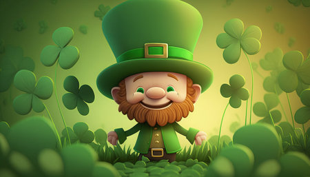 Cute Cartoon Leprechaun in a Field of Shamrocksの素材