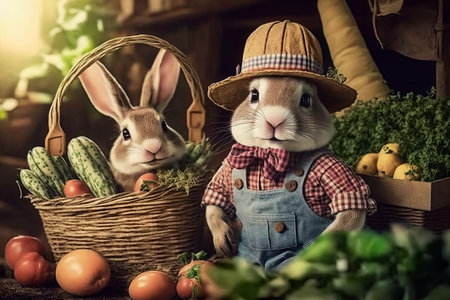 cute little rabbit peasant dressed in overalls, checkered shirt, straw hat, and long ears with farmer gear equipped in garden full of vegetables and easter eggsの素材