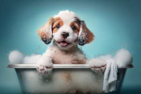 Cute puppy dog in bathtub , pets cleaningの素材