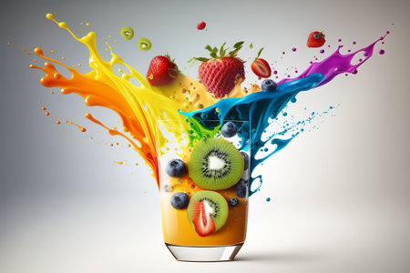 fruits with slices and juice splash in rainbow colors flying smoothieの素材