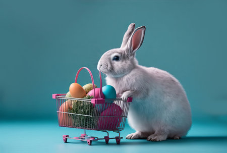 Easter bunny rabbit with shopping basket and painted eggsの素材
