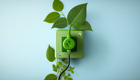 Green power cord in wall socket or outlet with fresh leaves. Ecological friendly and sustainable renewable energy conceptの素材