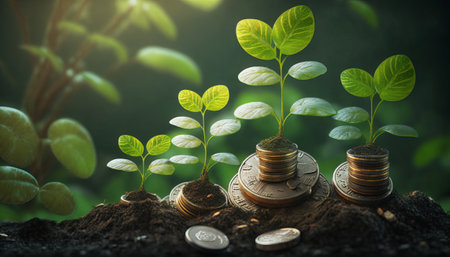 ground Plants grow on stacked coins . Renewable energy production is essential for the futureの素材