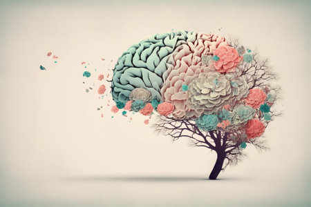 Human brain tree with flowers, self care and mental health concept, positive thinking, creative mindの素材
