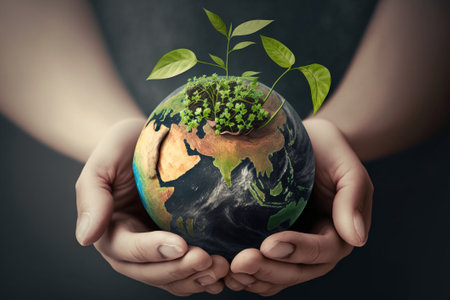 human hand holding young earth and plant in ecology and environment sustainable conceptの素材