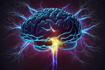 illustration of human brain with impulses of neuronsの素材