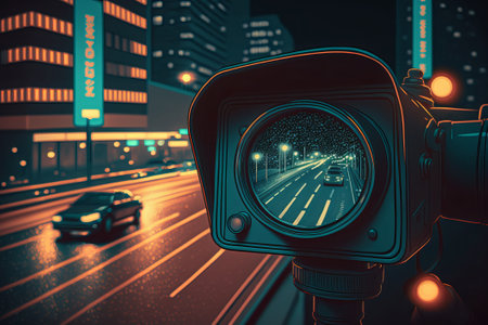 illustration of camera and night city observe streets for saveの素材