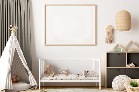 kids room frame mockup, horizontal poster mockup in modern nursery interiorの素材
