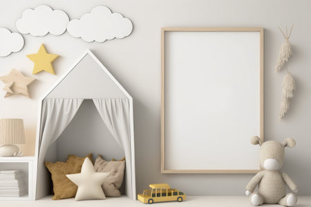 kids room frame mockup, horizontal poster mockup in modern nursery interiorの素材