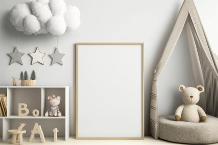 kids room frame mockup, horizontal poster mockup in modern nursery interiorの素材