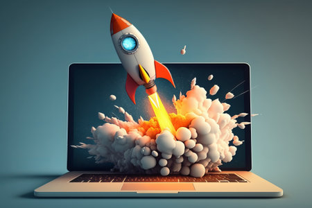 Rocket coming out of laptop screen, blue backgroundの素材