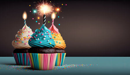 Sweet colorful birthday cupcakes and candleの素材