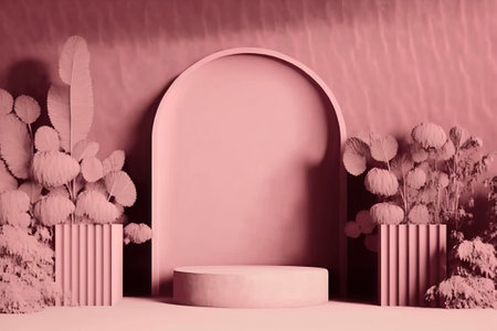 3D rendering pink platform podium with plant product presentation backgroundの素材
