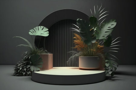 3D rendering pink platform podium with plant product presentation backgroundの素材