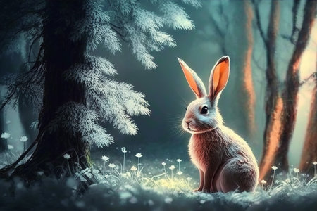 rabbit in the winter forest christmas background color artの素材