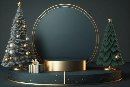 Luxury Merry Christmas product display podium with pine tree and decorationの素材