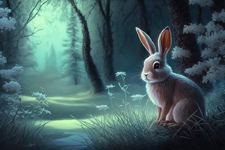 rabbit in the winter forest christmas background color artの素材