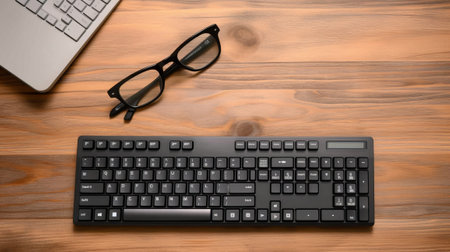 Above photo of keyboard calculator computer mouse notebook and glasses isolated on wooden backdropの素材