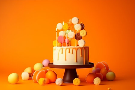 Abstract cake in a minimalist style on birthday decorated with sweets on a orange backgroundの素材