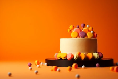 Abstract cake in a minimalist style on birthday decorated with sweets on a orange backgroundの素材