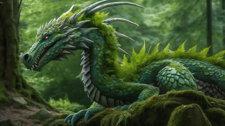 Ancient forest dragon covered with green plantsの素材
