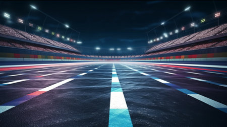 Asphalt racing track finish line and illuminated race sport stadium at night. Professional digital 3d illustration of racing sportsの素材