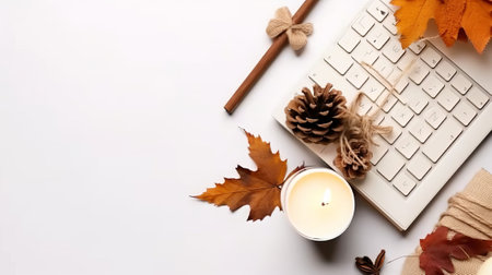 Autumn business concept. Top view photo of keyboard notepad pencil candles on rattan serving mat map fallenle leaves pine cones anise and plaid on isolated white backgroundの素材