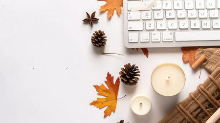 Autumn business concept. Top view photo of keyboard notepad pencil candles on rattan serving mat map fallenle leaves pine cones anise and plaid on isolated white backgroundの素材