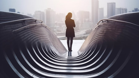 Back view of thoughtful young businesswoman standing on abstract wave staircase on city background. Career, success and growth conceptの素材