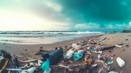 beach full of garbage and plastic waste as wide banner for environmental and recycle conceptsの素材