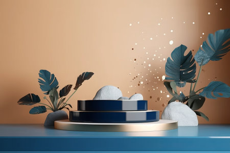 Blue and gold podium for product display showcase with plantsの素材