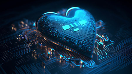 Blue heart designed as central processing unit of love. Postproductedの素材