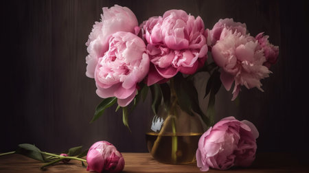 Bouquet of peonies in a vase on a wooden tableの素材