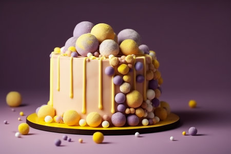 Birthday yellow cake decorated with sweets, balls on a violet backgroundの素材