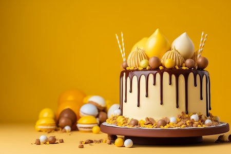 Birthday yellow cake on a stand decorated with sweets on a yellow background poured with chocolateの素材