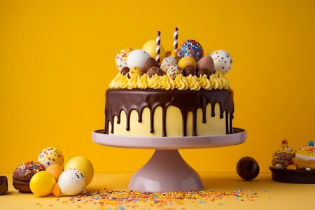 Birthday yellow cake on a stand decorated with sweets on a yellow background poured with chocolateの素材