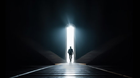 Business success and life in motion concept with man walking towards the light from wall hole in the middle of a huge dark hall with stairsの素材